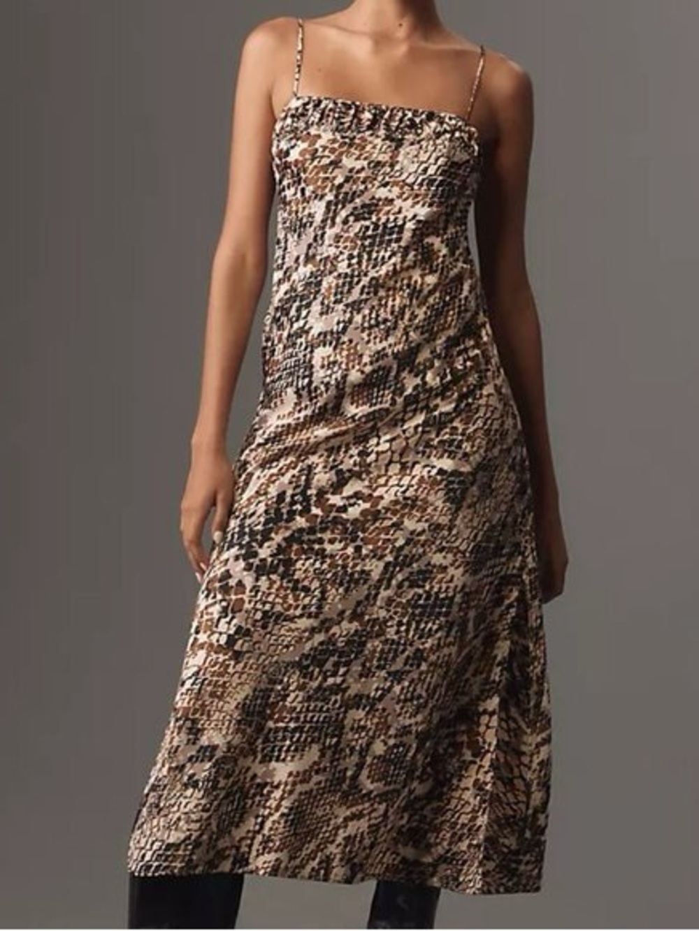 By Anthropologie Snakeskin Square Neck Slip Satin Midi Dress